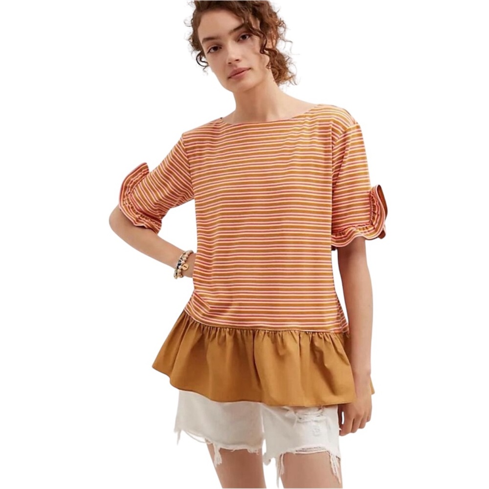 Maeve Anthropologie Orange Striped Peplum Top Ruffle Spring Blouse Boxy Oversize